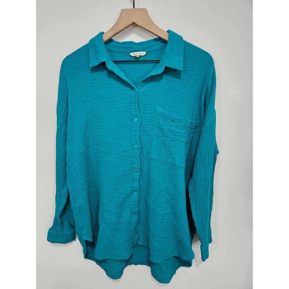 Eileen Fisher Womens XL Teal Organic Cotton Gauze Button Front Long Shirt Minima